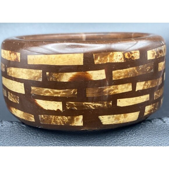 Signed Kenneth Lane Bangle Bracelet 1.5" Wide Inlaid Burled Chunky Wood 8" LOOK - Picture 12 of 15